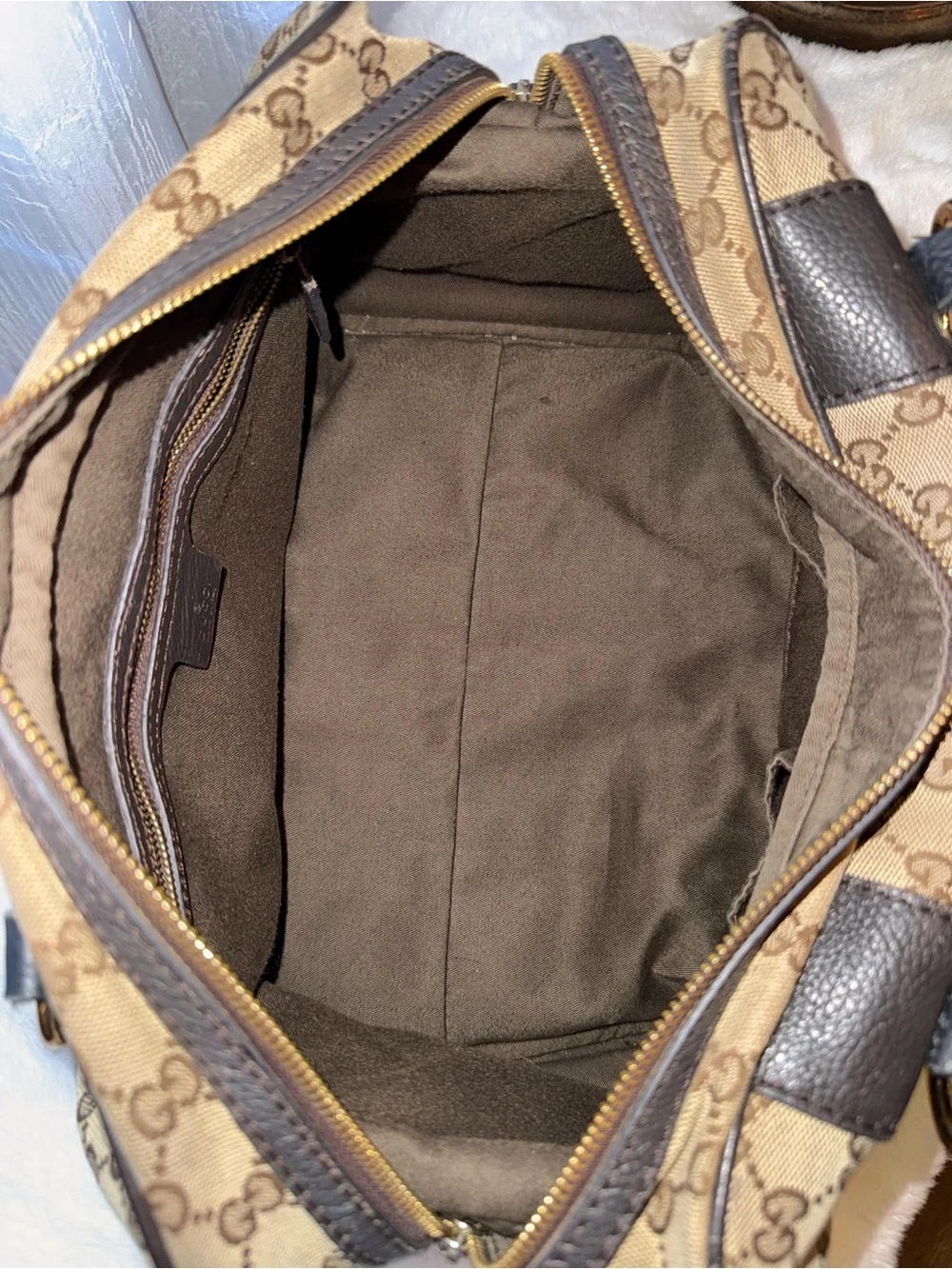 Gucci Beige GG Supreme Boston Bag with Leather Trim